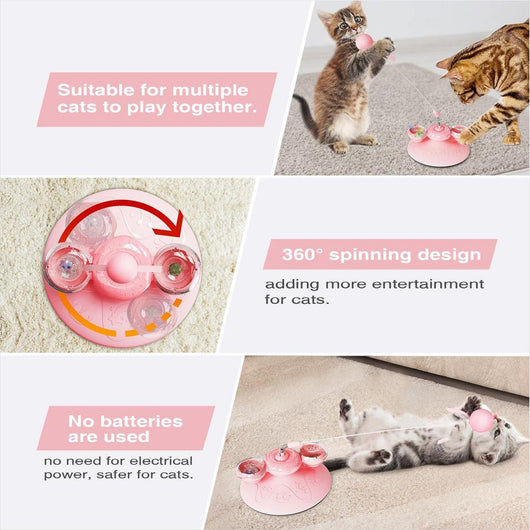 Tabby cat playing with a yellow suction cup cat toy featuring a spring-mounted teaser wand with an orange fur ball. - Image 13