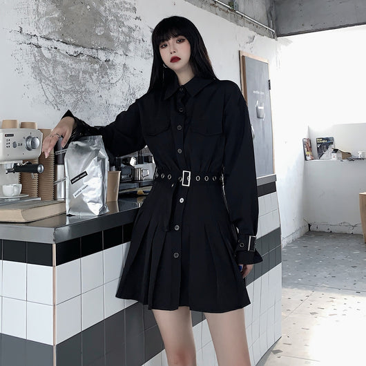 Vestido Camisero Retro con Pliegues y Cintura Marcada