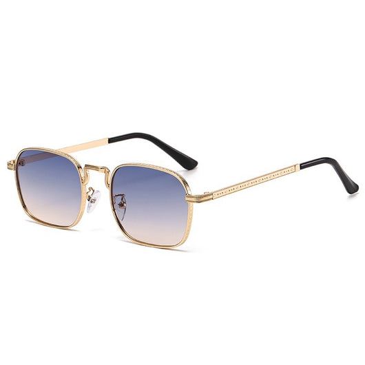 Gold frame square-oval sunglasses with gradient black and grey lenses and black temple tips on a white background. - Image 8