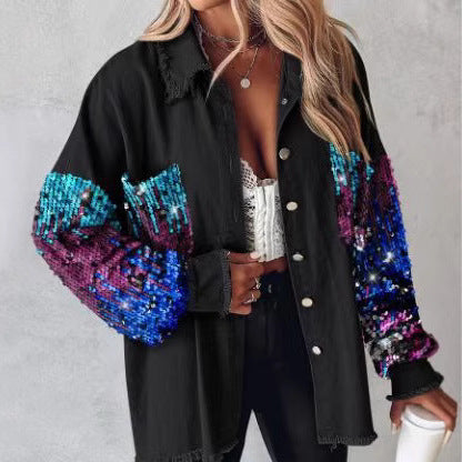 Camisa Denim Holgada con Lentejuelas y Borlas