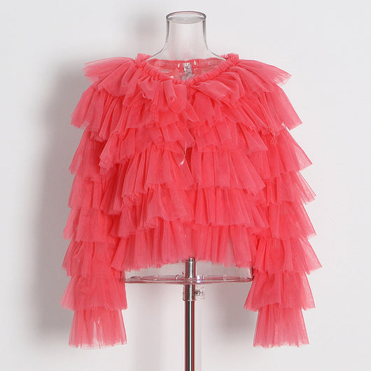 Blusa Mesh de Manga Larga con Cuello Redondo y Volantes Personalizables para Mujer - Image 8