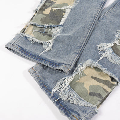 Pantalones Rectos de Camuflaje con Parches y Flecos Rotos para Hombre - Image 5