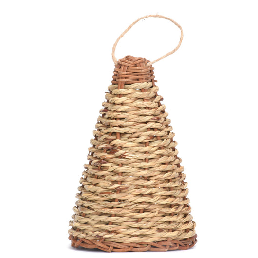 Cone-shaped, flat-bottomed bird's nest woven from natural straw with a small entrance and hanging loop. - Image 11