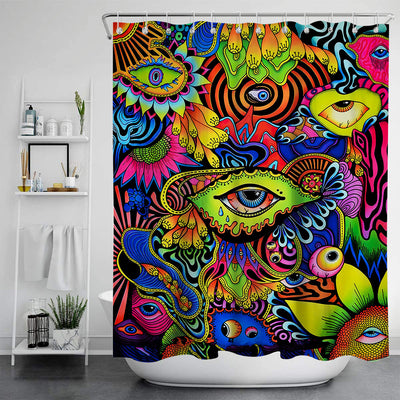 Vibrant psychedelic shower curtain with an abstract digital print featuring an elephant head and cannabis leaves in bright colors. - Image 16