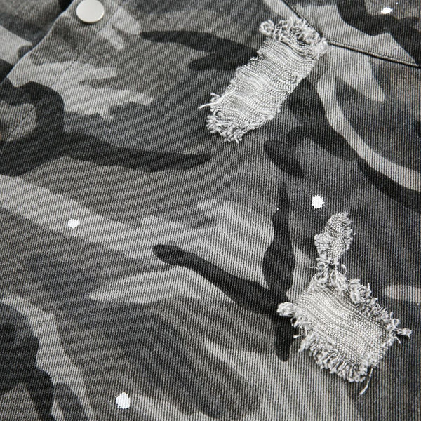 Camisa de Manga Larga Estilo Retro Americano con Diseño Camuflado Desgastado