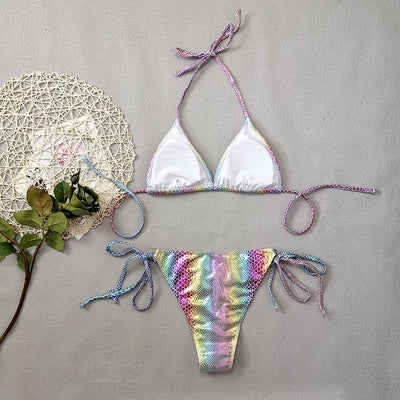 Gradient snakeskin print bikini with iridescent colors, triangle top, and tie-side bottoms. - Image 16