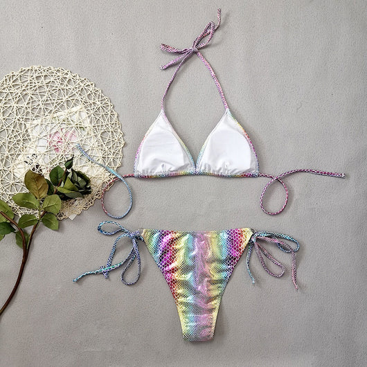 Gradient snakeskin print bikini with iridescent colors, triangle top, and tie-side bottoms. - Image 16