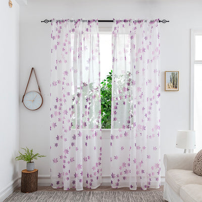 Sheer white mesh curtains with purple and light blue floral patterns, hung on a black rod in a bright room. - Image 18