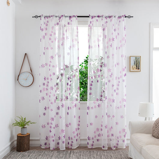 Sheer white mesh curtains with purple and light blue floral patterns, hung on a black rod in a bright room. - Image 18