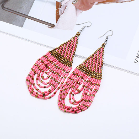 Aretes Bohemios Étnicos con Cuentas de Arroz y Borlas Retro - Image 4