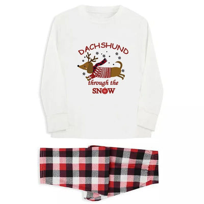 Family matching Christmas pajamas with white long-sleeve tops featuring a 'Dachshund through the snow' graphic and red and black plaid pants. Includes adult, ch - Image 2