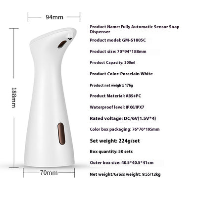 White automatic soap dispenser with an infrared sensor, dispensing blue liquid soap onto an outstretched hand. - Image 2