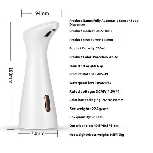 White automatic soap dispenser with an infrared sensor, dispensing blue liquid soap onto an outstretched hand. - Image 2