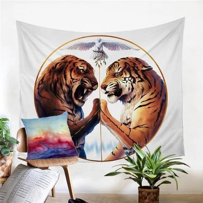 White tapestry featuring two tigers facing each other, a golden circle, and a white dove with an olive branch.