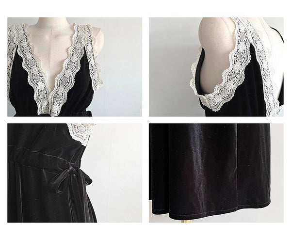 Vestido Slip Elegante de Terciopelo Vintage con Encaje