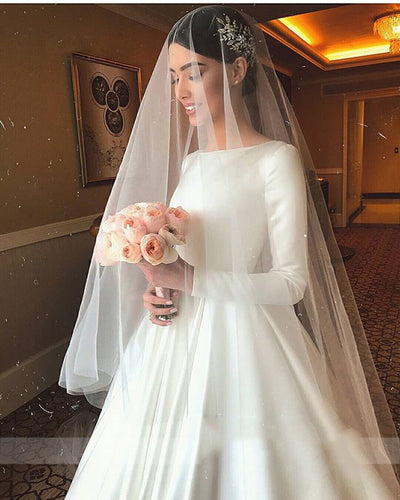 Vestido de Novia Off-Shoulder Manga Larga Satén Vintage Elegante - Image 3