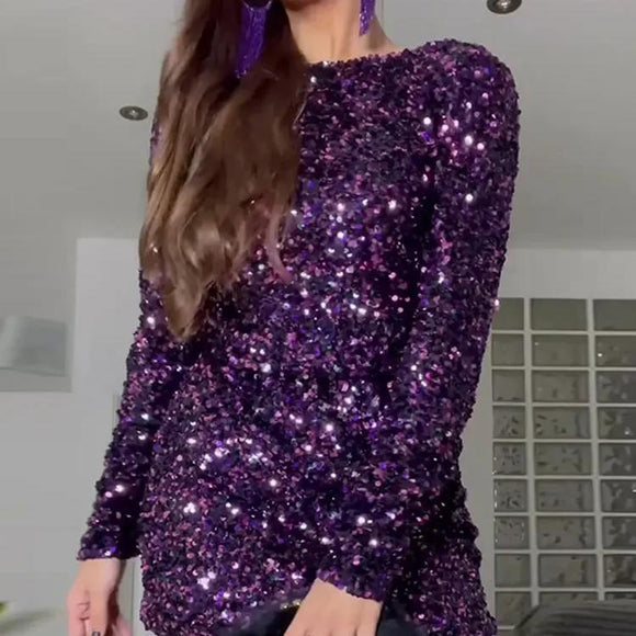 Vestido Retro Francés Escotado con Lentejuelas y Manga Larga