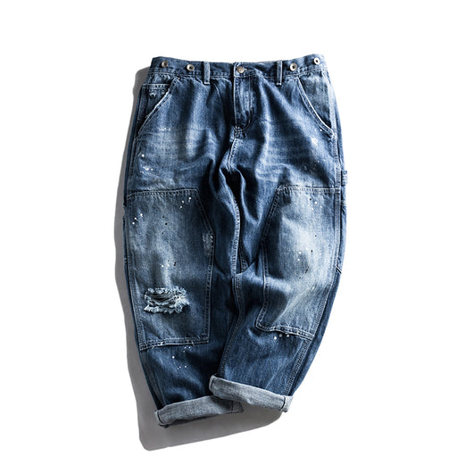 Pantalones Vaqueros Retro Japonés con Salpicaduras de Tinta para Hombre - Image 9