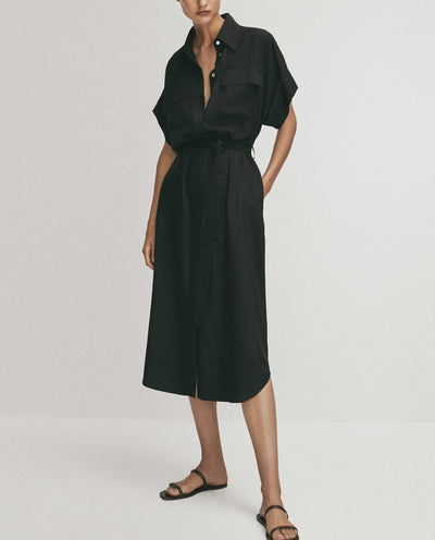 Vestido Camisero Suelto con Cinturón y Bolsillos - Image 3