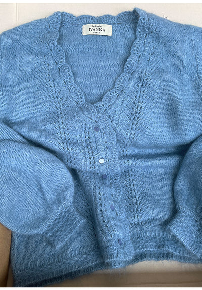 Cardigan Mohair Azul Neblina Tejido Cuello V Mangas Abullonadas - Image 2