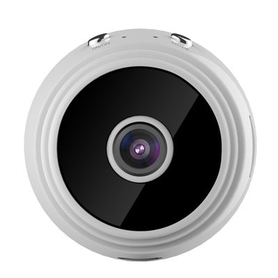 White A9 WIFI wireless network camera with a black lens, shown next to a black 32GB microSD card. - Image 18