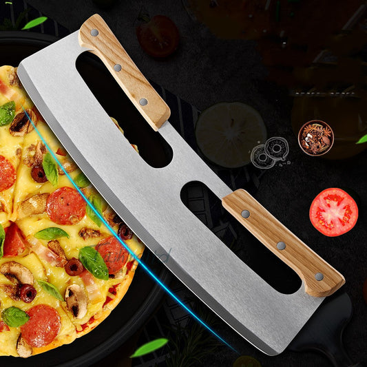 Cortador de Pizza Tipo Balancín de Acero Inoxidable con Mango Doble de Madera 14 Pulgadas - Image 2