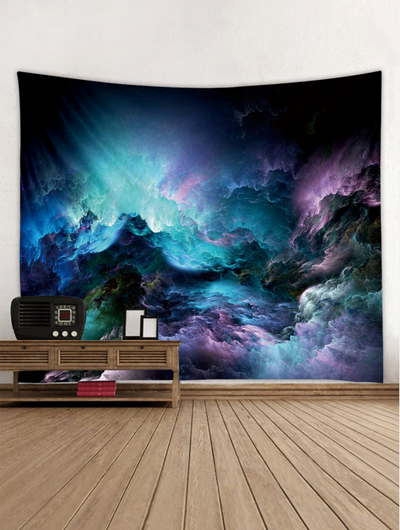 Abstract clouds tapestry in vibrant blue, purple, and teal, hanging on a white wall above a wooden table.