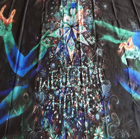 DMT Entity Tapestry with a vibrant, psychedelic print of a multi-armed figure in blue, green, and orange hues. - Image 3