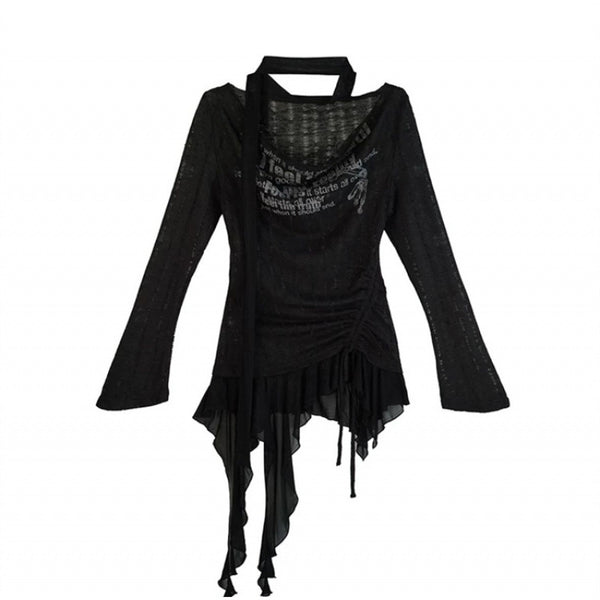 Blusa Tejida con Cuello Volante y Estampado Graffiti Hueco para Mujer - Image 6