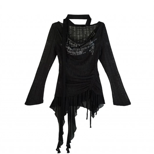 Blusa Tejida con Cuello Volante y Estampado Graffiti Hueco para Mujer - Image 6
