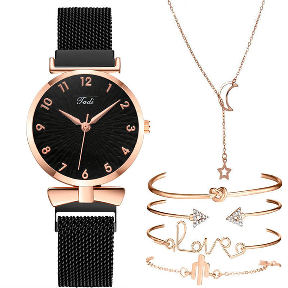 Set de Regalo Elegante: Reloj Cuarzo Malla Dorada + 5 Pulseras para Mujer