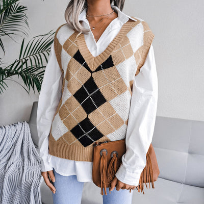 Suéter Escote en V con Diamantes - Estilo Universitario Europeo para Otoño e Invierno - Image 7