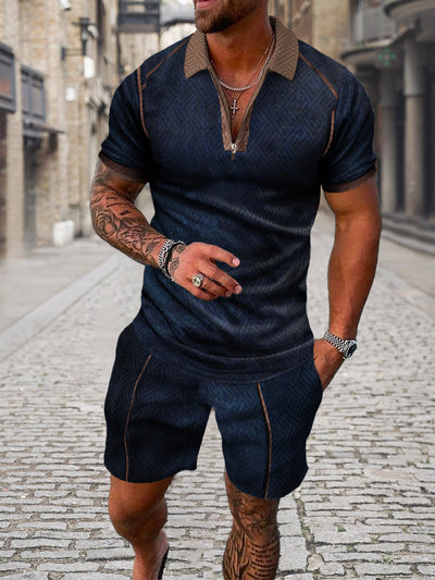 Conjunto de Camiseta Geométrica 3D con Cremallera y Solapa para Hombre - Verano - Image 6