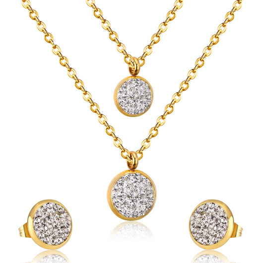 Gold plated stainless steel jewelry set with two layered necklaces and matching stud earrings. Features round crystal-studded pendants. - Image 5