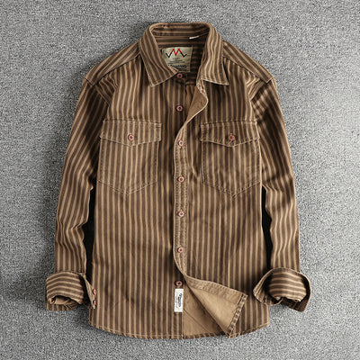 Camisa Manga Larga Hombre Rayas Retro Algodón Tejido Lavado Comfort Casual - Image 4