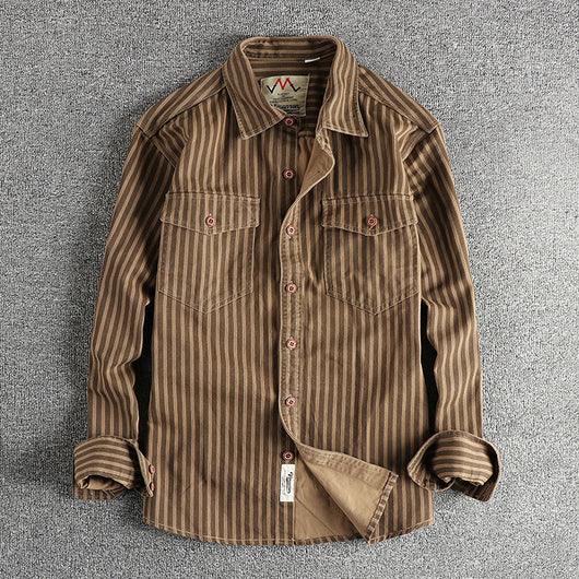 Camisa Manga Larga Hombre Rayas Retro Algodón Tejido Lavado Comfort Casual - Image 4