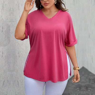 Blusa Suelta con Escote en V y Abertura Lateral - Camiseta Casual de Manga Corta - Image 17