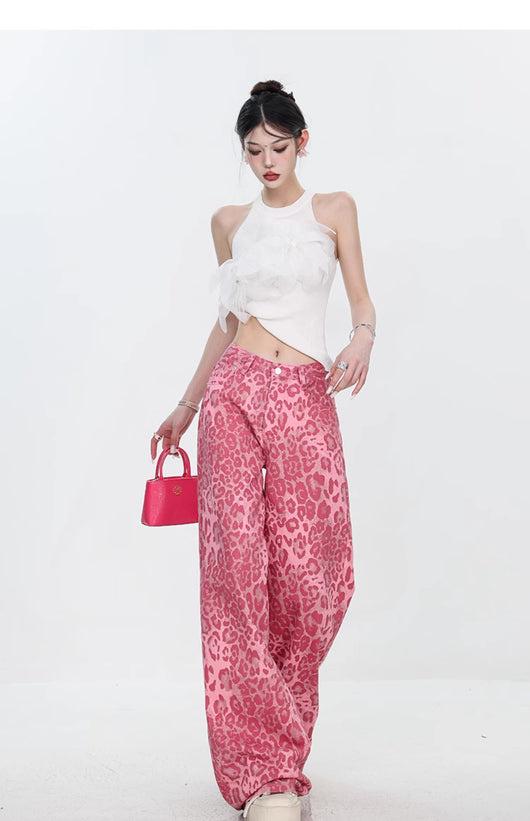 Pantalones Jeans Mujer Estampado Leopardo Corte Recto Holgado - Image 2