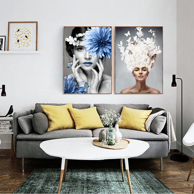 Modern decorative painting of a woman with blue flowers and butterflies, framed on a striped wall. - Image 4