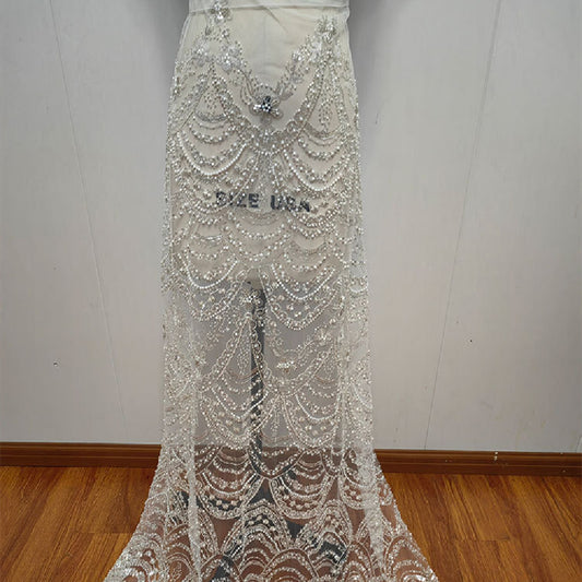 Vestido de Novia con Encaje de Lentejuelas y Perlas Efecto Onda