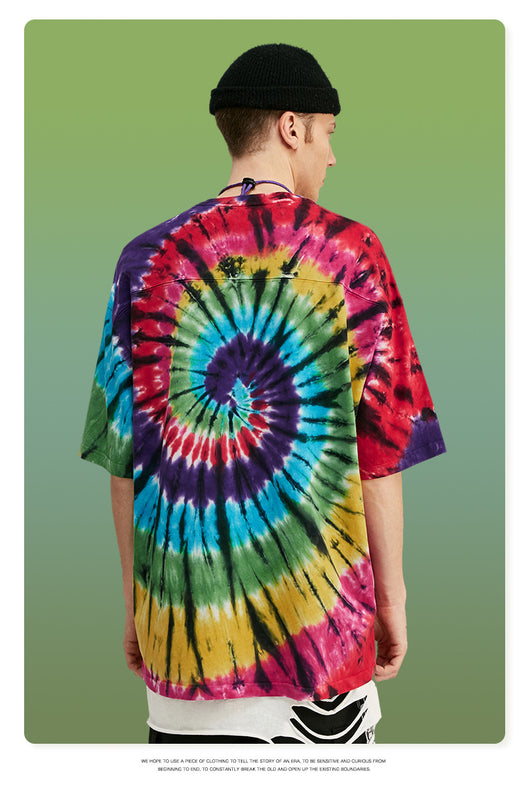 Playera Hombre Espiral Arcoíris Tie-Dye Manga Corta Suelta - Image 3