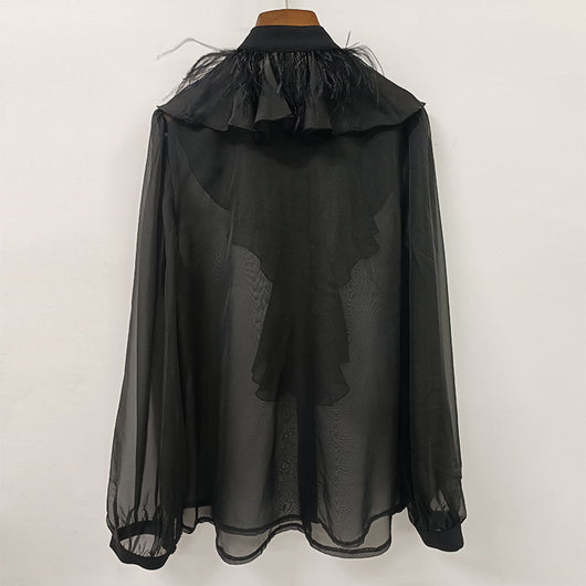 Blusa Elegante de Gasa con Cuello Alzado y Volantes - Image 4