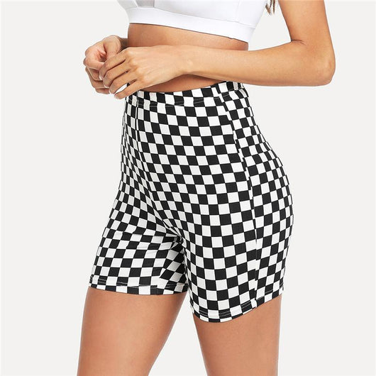 Shorts Deportivos Yoga Cintura Alta Diseño Ajedrez Blanco y Negro
