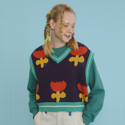 Chaleco Tejido Floral Cuello V Mujer - Suéter Corto Holgado Otoño Invierno - Image 6