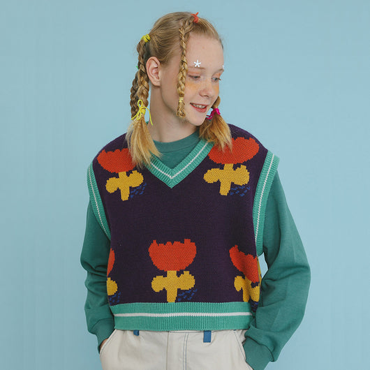 Chaleco Tejido Floral Cuello V Mujer - Suéter Corto Holgado Otoño Invierno - Image 6