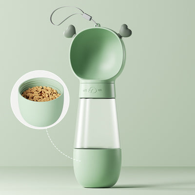 Yellow and clear portable pet water bottle with integrated drinking bowl and separate food container for walking dogs. - Image 14