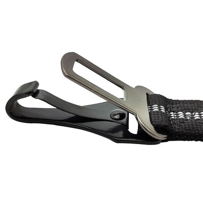 Black reflective pet car seat belt with elastic buffer, seat belt buckle, and metal carabiner clip. - Image 23