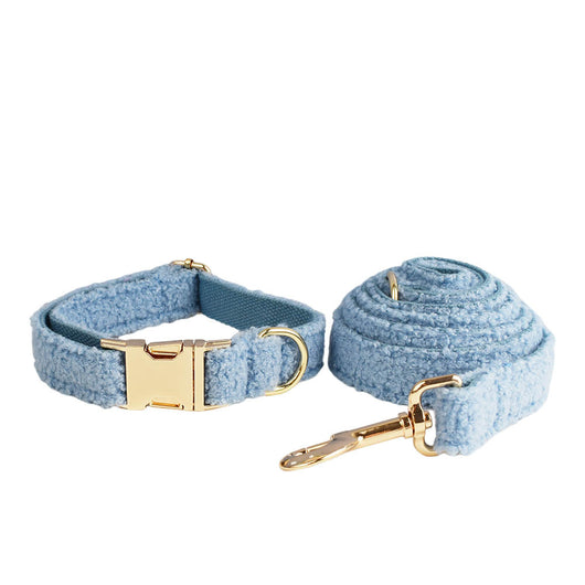 Light blue teddy bear textured dog collar and matching leash set with gold-colored hardware. - Image 11
