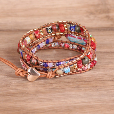 Pulsera Multicapa de Cuero Trenzado con Piedra Emperador y Abalorios Coloridos - Image 8