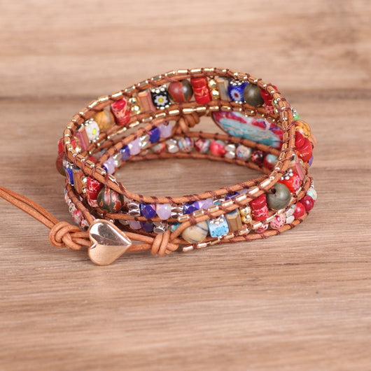 Pulsera Multicapa de Cuero Trenzado con Piedra Emperador y Abalorios Coloridos - Image 8